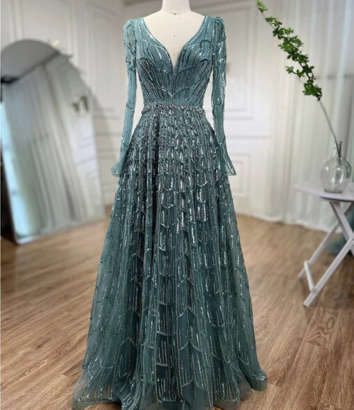 V Neck Heavily Beaded Evening Dress