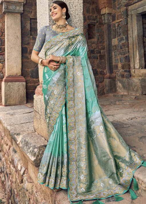 Turquoise Woven Silk Embroidered Wedding Saree