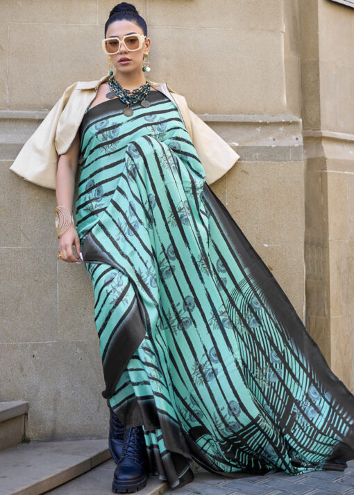 Turquoise Stripe Print Satin Saree
