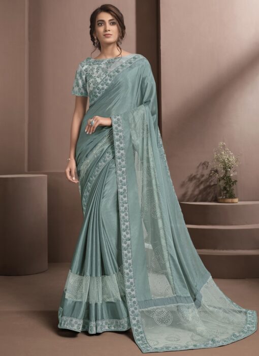 Sea Blue Silk Chiffon Party Wear Saree