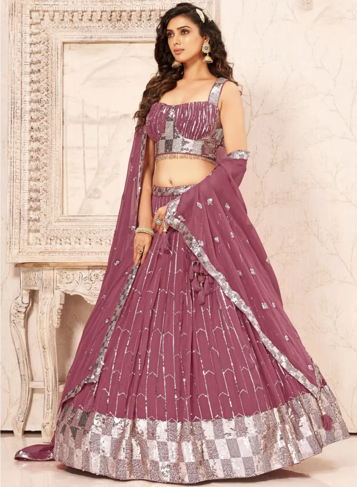 Dark Pink Faux Georgette Heavy Designer Lehenga Choli