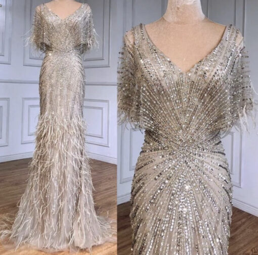 Cape Style Feathered Evening Dress