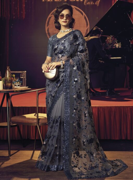 Grey Digital Net Bridal Saree