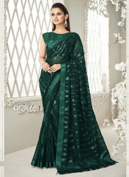 Green Fancy Saree With Fringe Detail