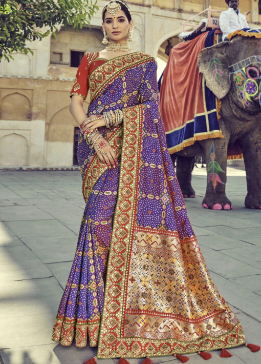 Purple Heavy Patola Silk Embroidered Saree