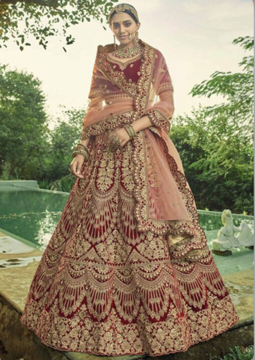 Maroon Velvet Bridal Lehenga Choli