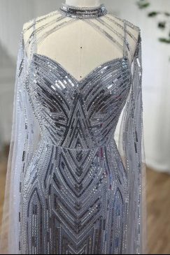 Alternative view of Silver Cape Sleeve Sequinned Mermaid Evening Dress