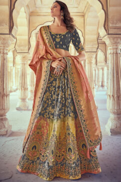 Grey Silk Embroidered Bridal Lehenga Choli