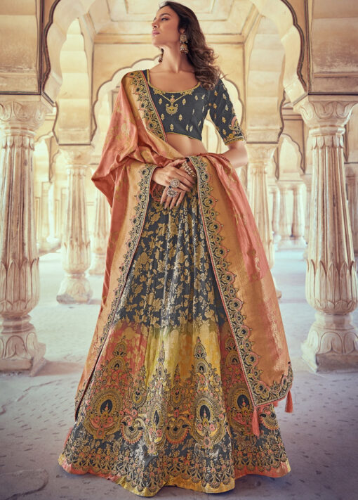 Grey Silk Embroidered Bridal Lehenga Choli