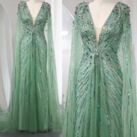 Cape Sleeve Embellished Evening Gown - Evening Dresses, Made To Order Designer Collection