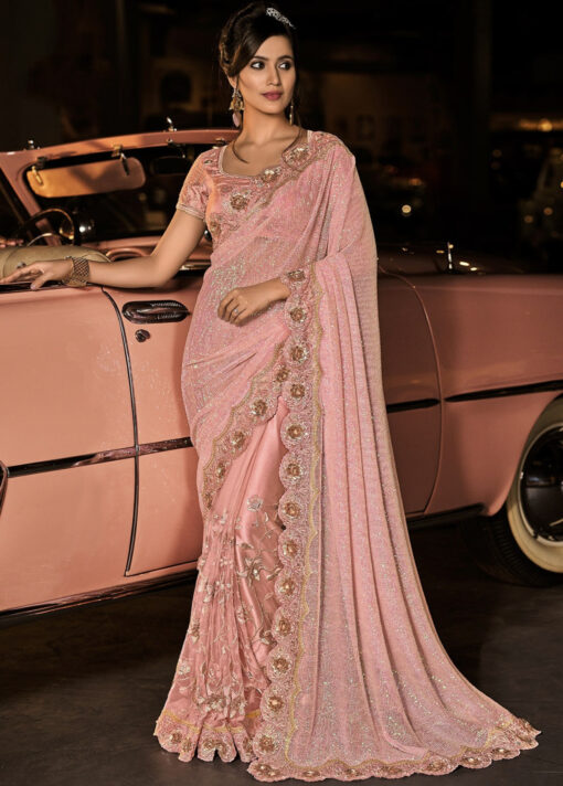 Peach Digital Net Heavy Cut Dana Work Saree