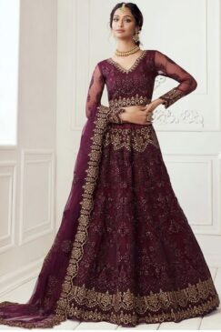 Wine Embroidered Net Bridal Lehenga Choli