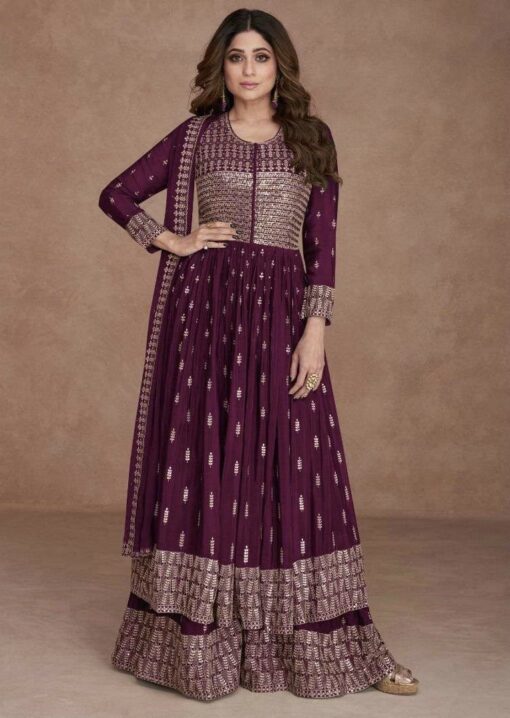 Purple Embroidered Anarkali Style Palazzo Suit
