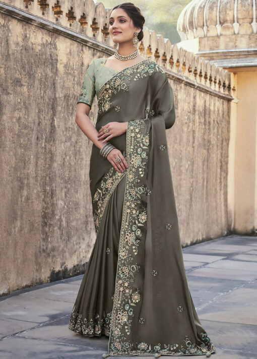 Sage Grey Silk Wedding Party Wear Saree