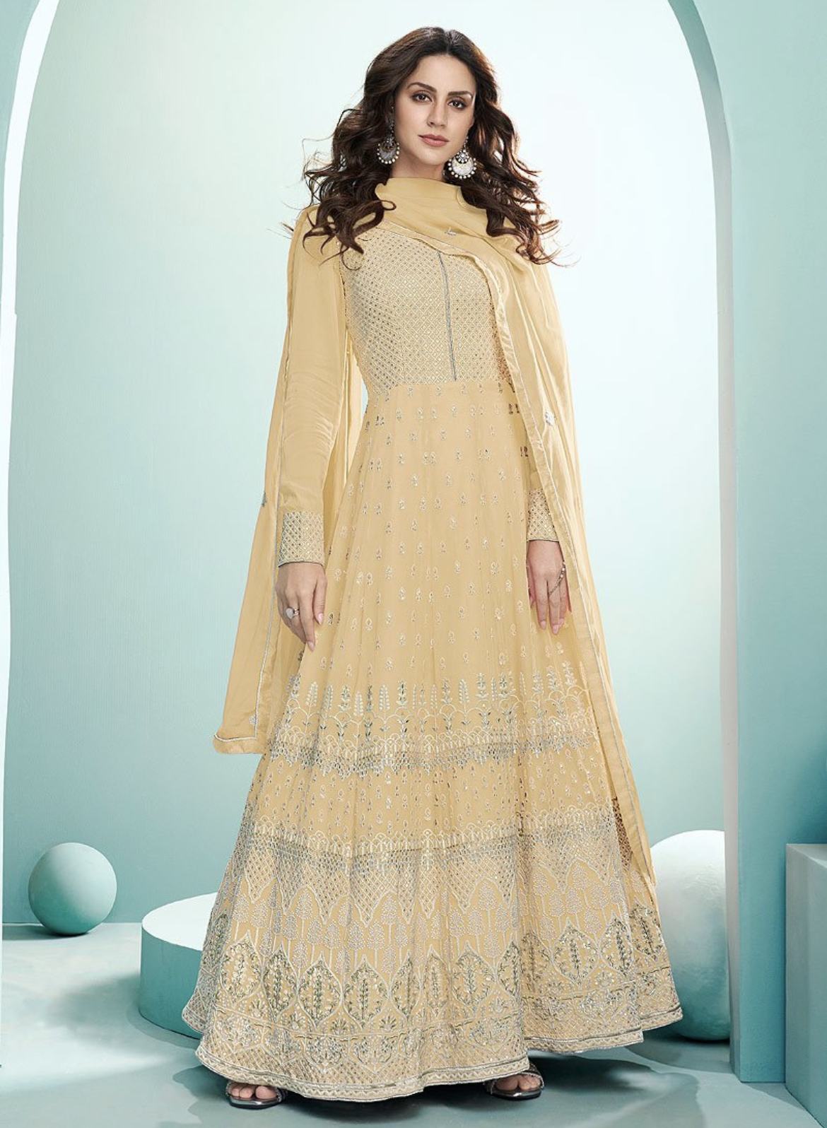 Lemon Yellow Lucknowi Anarkali Suit Salwar Kameez Designer Collection