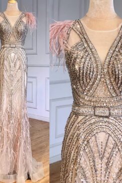 Heavily Beaded Nude Feathered Evening Dress