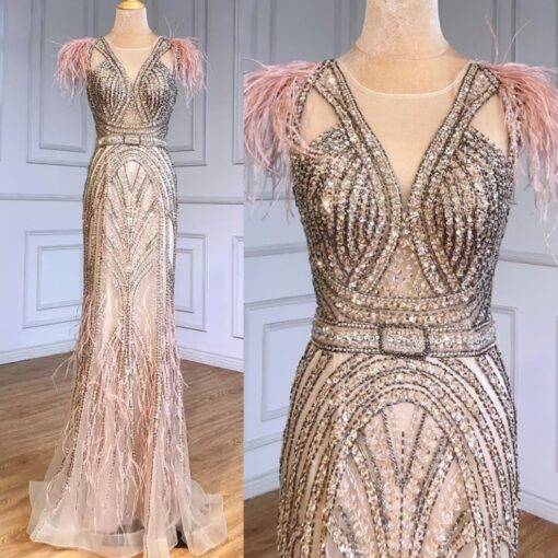 Heavily Beaded Nude Feathered Evening Dress