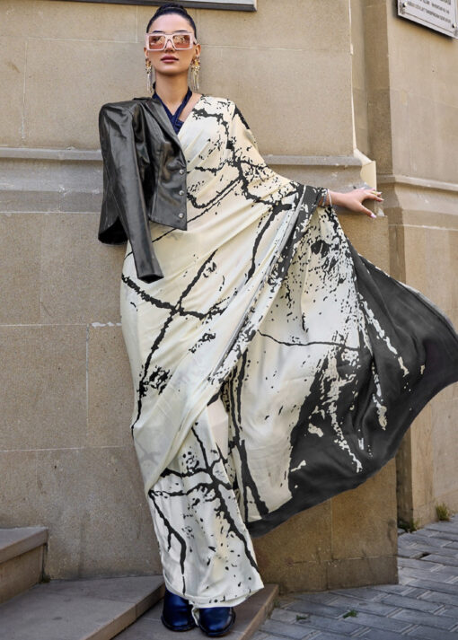 Off White Abstract Print Satin Saree