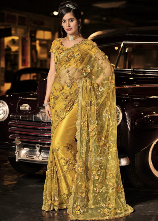 Mustard Digital Net Heavy Work Saree