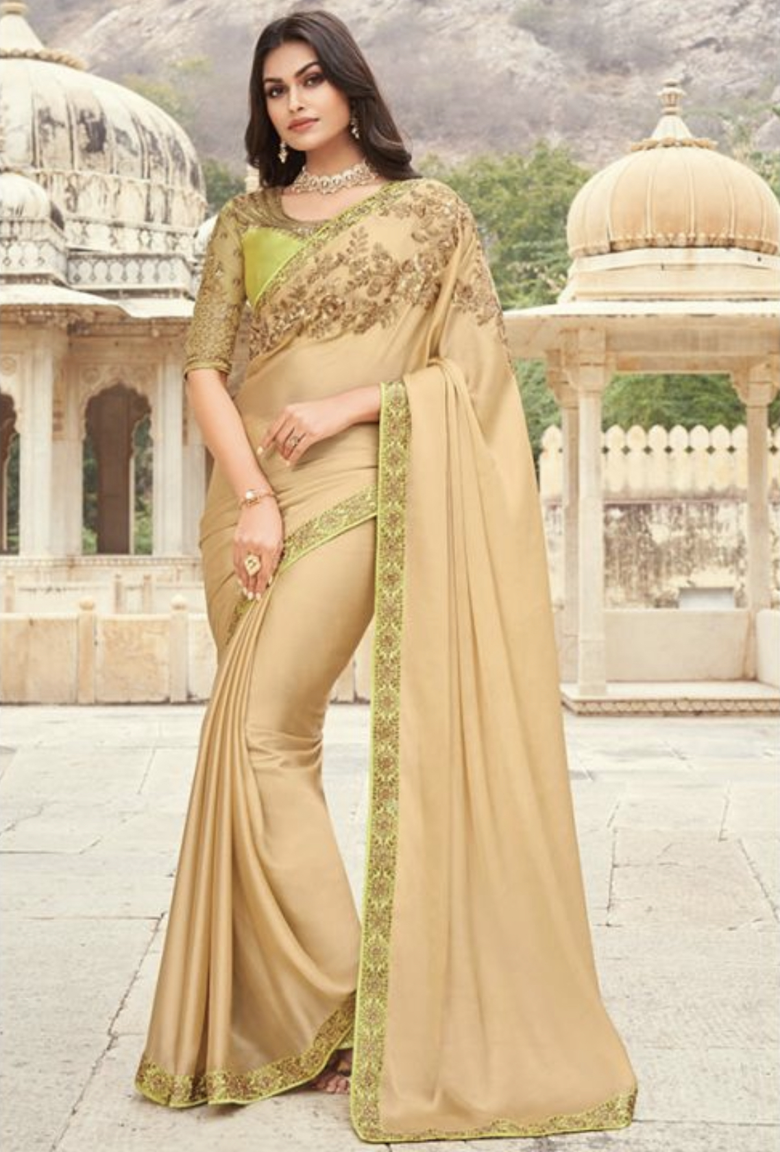 Beige Fancy Silk Saree With Designer Blouse