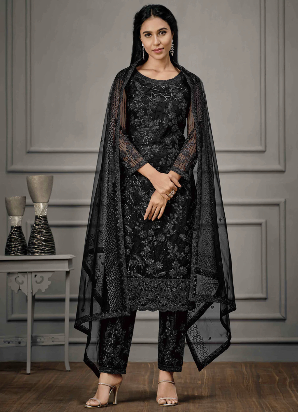 Black Straight Cut Pant Suit Salwar Kameez Designer Collection