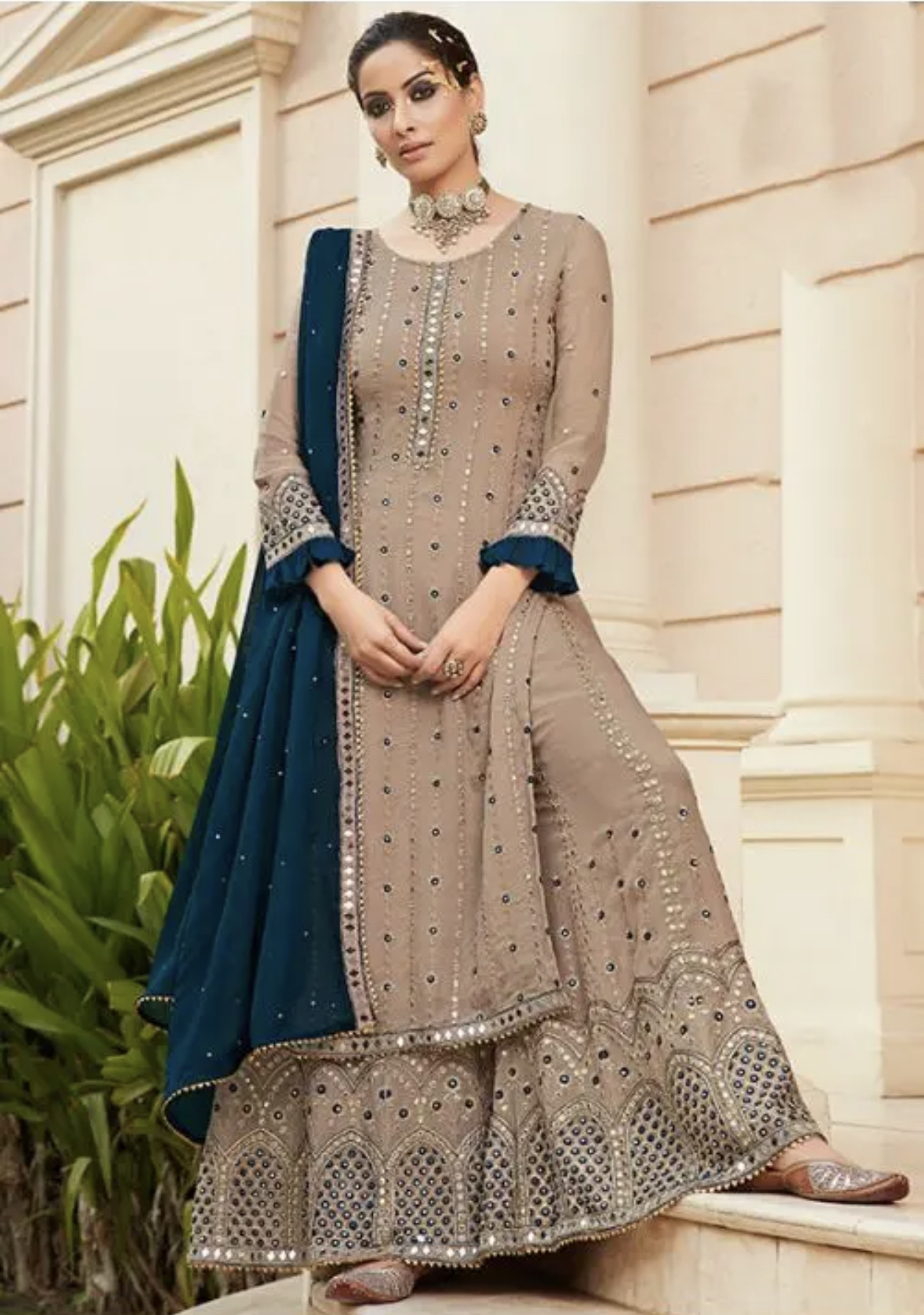 Beige Georgette Mirror Work Palazzo Suit Salwar Kameez Designer Collection