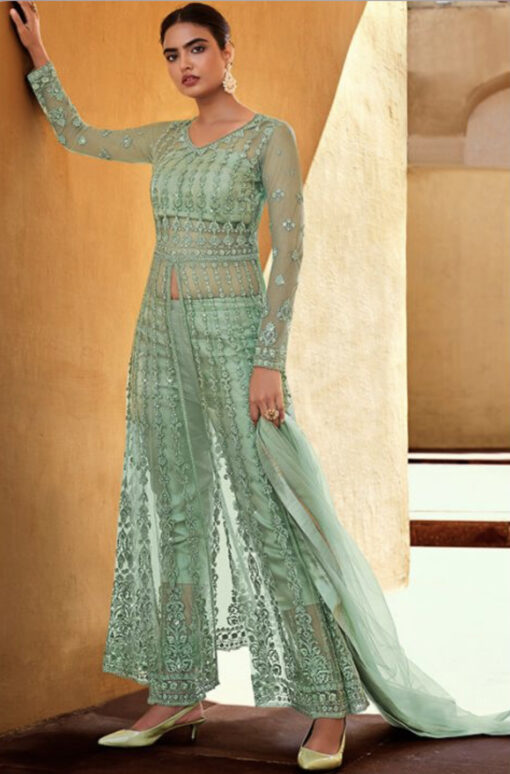 Green Net Embroidered Front Slit Anarkali Suit