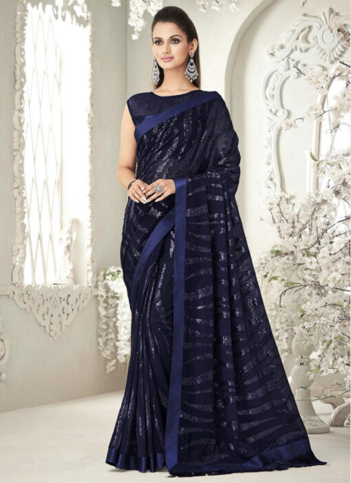 Navy Fancy Saree With Fringe Detail