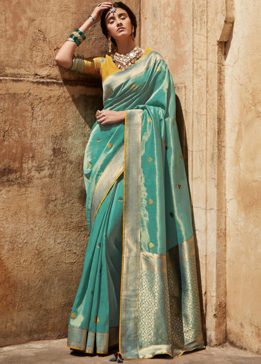 Aqua Silk Embroidered Saree