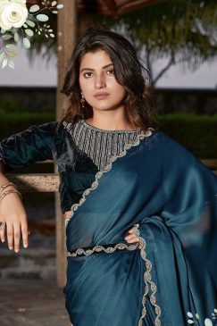 Alternative view of Teal Satin Silk Chiffon Party Wear Saree