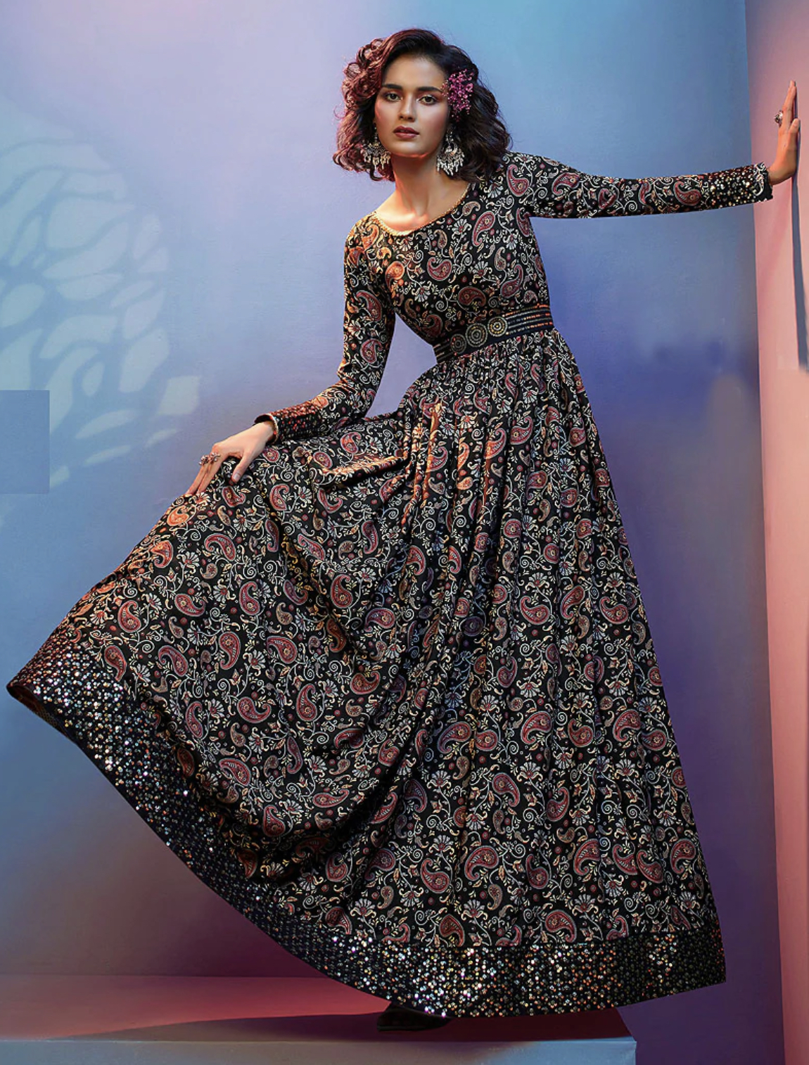 Black Floral & Sequin Anarkali Gown - Salwar Kameez Designer Collection