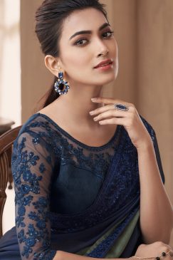 Alternative view of Shaded Blue Embroidered Border Party Wear Saree