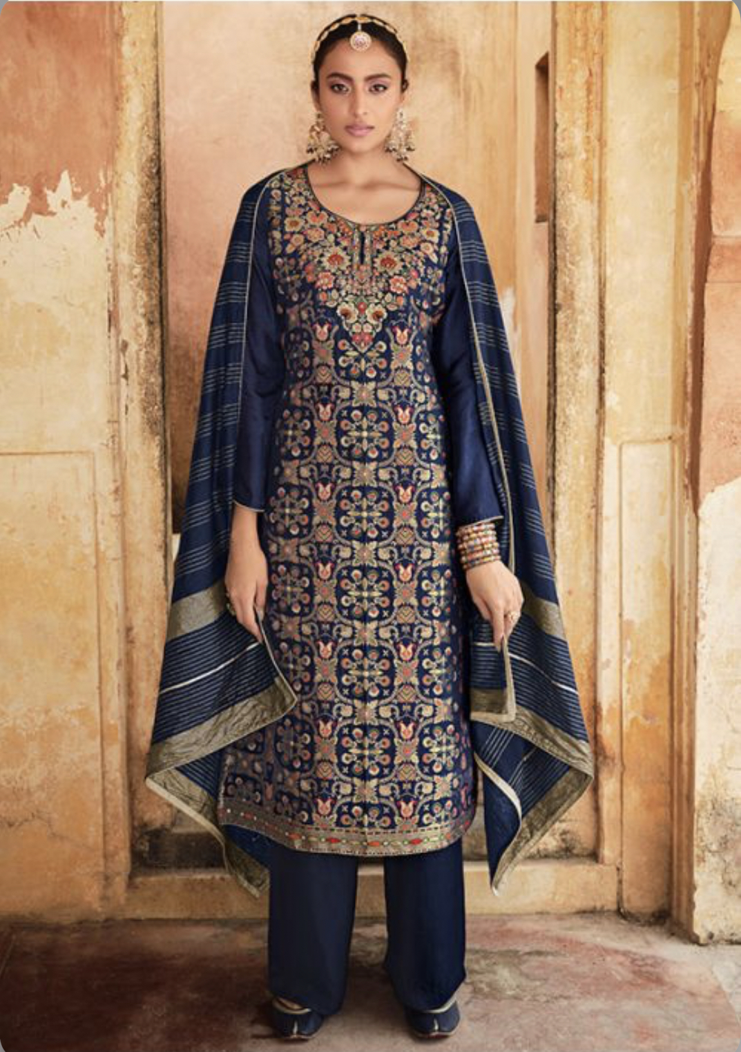 Blue Jacquard Silk Embroidered Pant Suit Salwar Kameez Designer