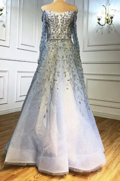 Powder Blue Heavy Beaded Evening Gown