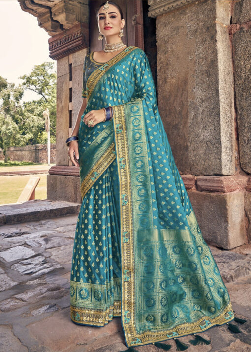 Blue Woven Silk Embroidered Wedding Saree
