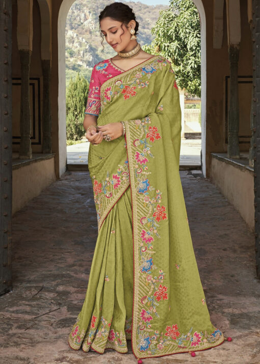 Light Green Silk Wedding Party Wear Saree