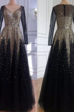 A-line Sequinned Black & Gold Beaded Evening Dress