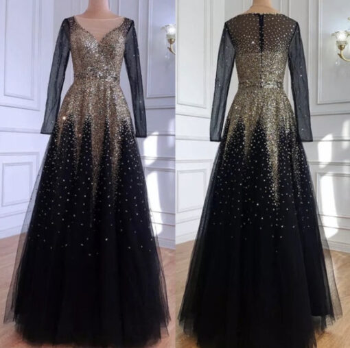 A-line Sequinned Black & Gold Beaded Evening Dress