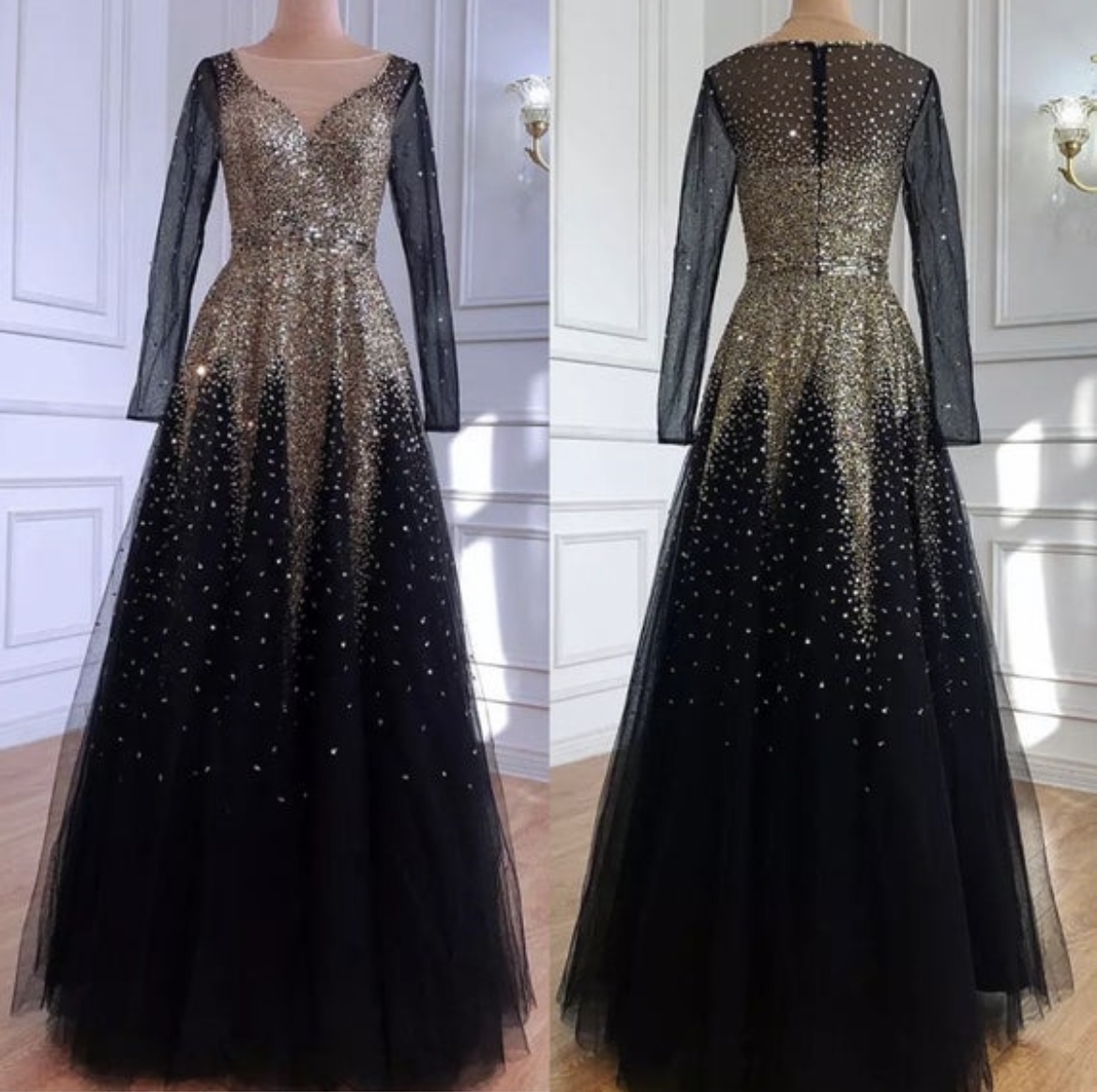 Full Sleeve Draped Beaded Diamond Luxury Mermaid Dress - Evening Dresses,  Made To Order Designer Collection