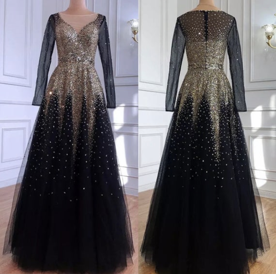 A Line Sequin V Neck V Back Sleeveless Gold Ruffles Maxi Evening Prom –  Rjerdress