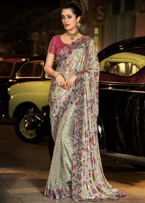 Pista Green Digital Net Heavy Diamond Work Saree