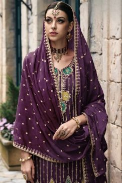 Alternative view of Purple Chinon Embroidered Palazzo Suit