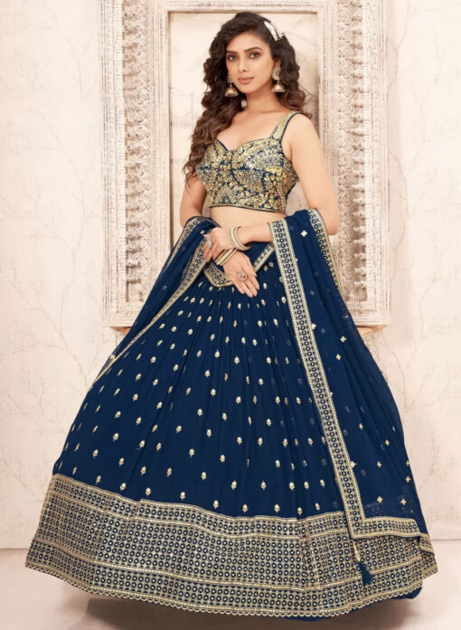 Navy Blue Faux Georgette Heavy Designer Lehenga Choli
