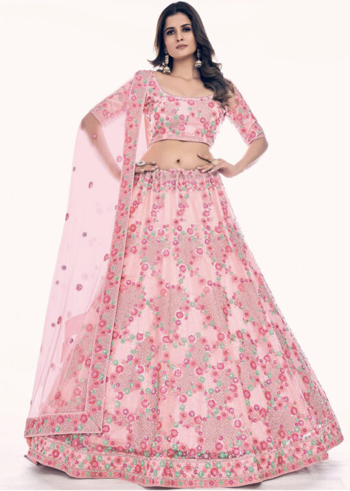 Pink Embroidered Net Bridal Lehenga Choli
