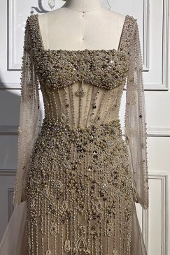 Alternative view of Corset Style Pearl Beaded Mermaid Evening Dress