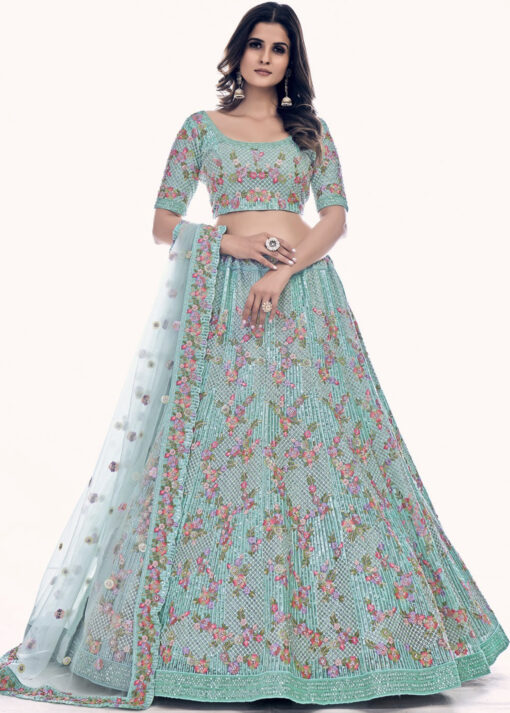 Turquoise Embroidered Net Bridal Lehenga Choli