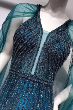 Alternative view of Teal Green Cape Style Beaded Evening Gown