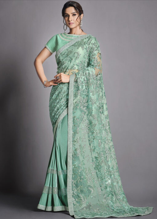 Turquoise Lycra Party Wear Saree