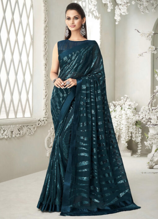 Green Fancy Saree With Fringe Detail