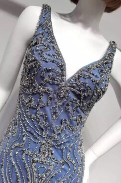 Alternative view of Blue Feathered Gatsby Sequin Embellished Evening Gown